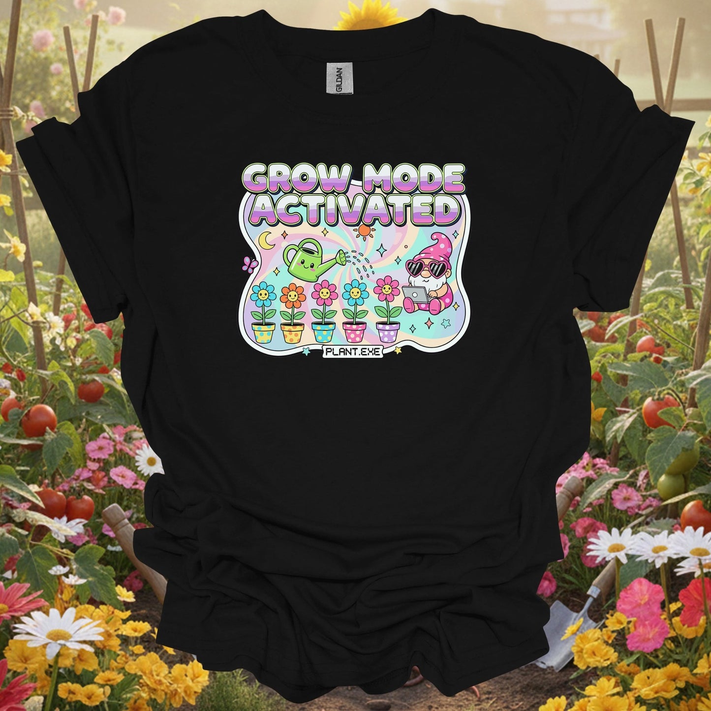Black shirt showing kawaii retro y2k garden gnome graphic for vintage art collectors