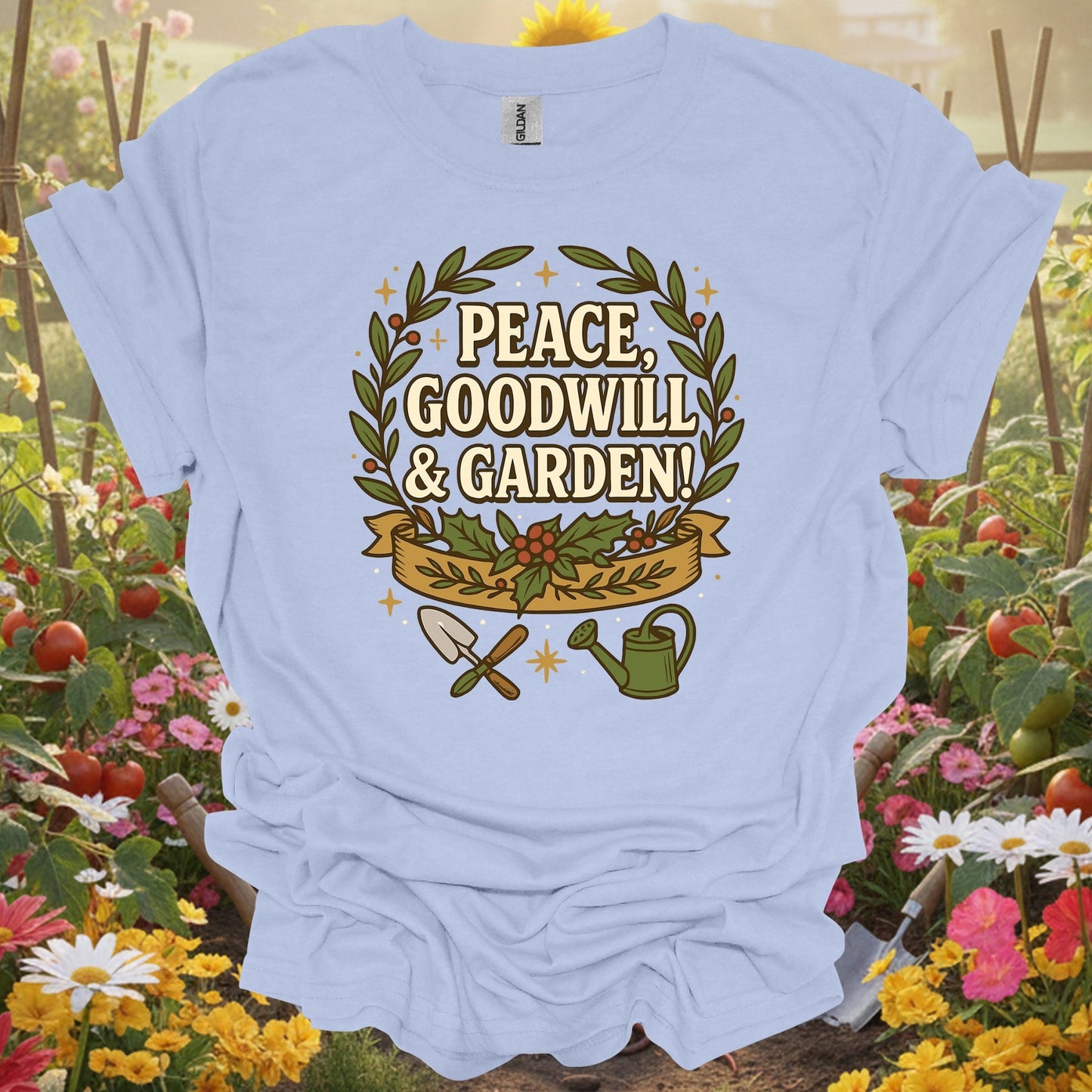 "Peace Goodwill & Garden" Festive Holiday Gardening T-Shirt - GardeningTshirts