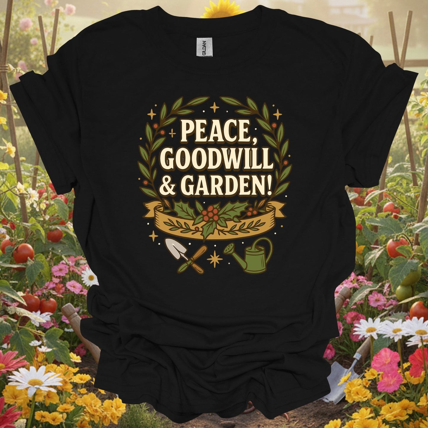 "Peace Goodwill & Garden" Festive Holiday Gardening T-Shirt - GardeningTshirts