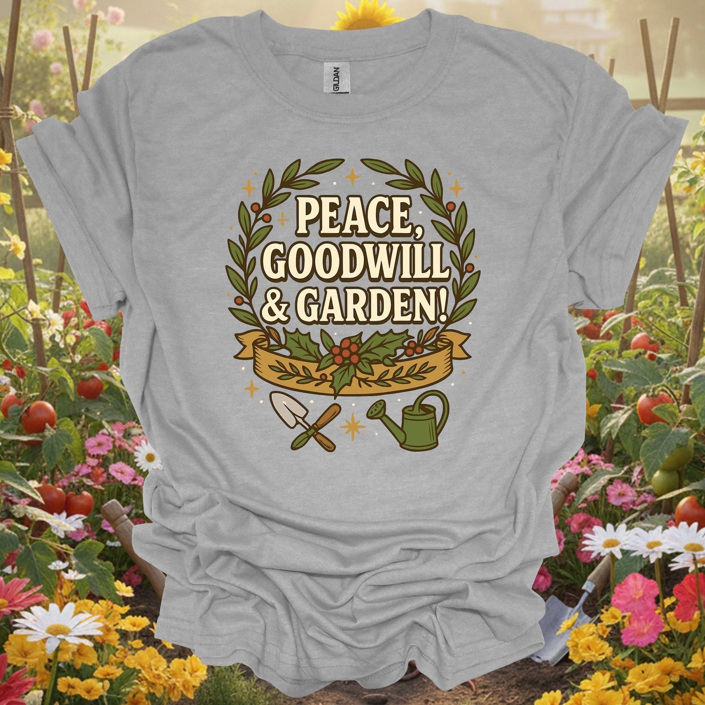 "Peace Goodwill & Garden" Festive Holiday Gardening T-Shirt - GardeningTshirts