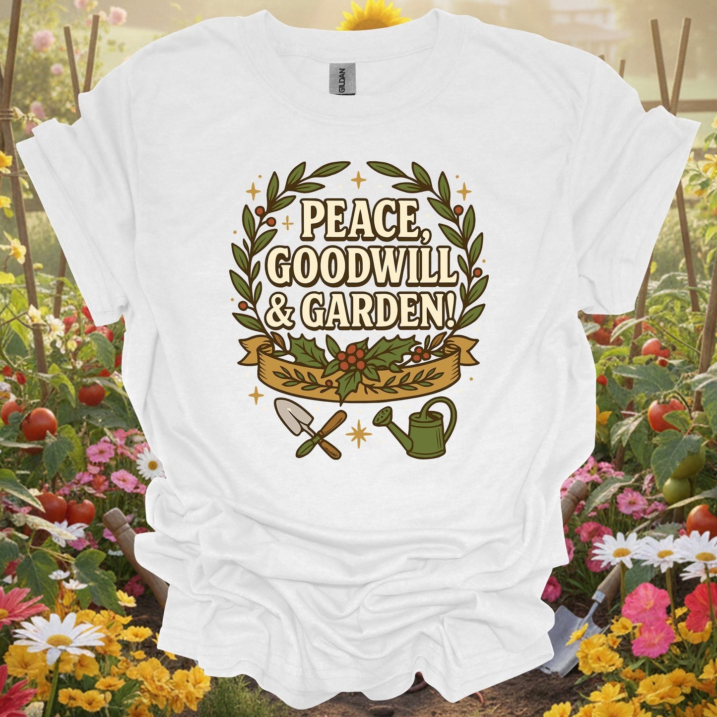 "Peace Goodwill & Garden" Festive Holiday Gardening T-Shirt - GardeningTshirts