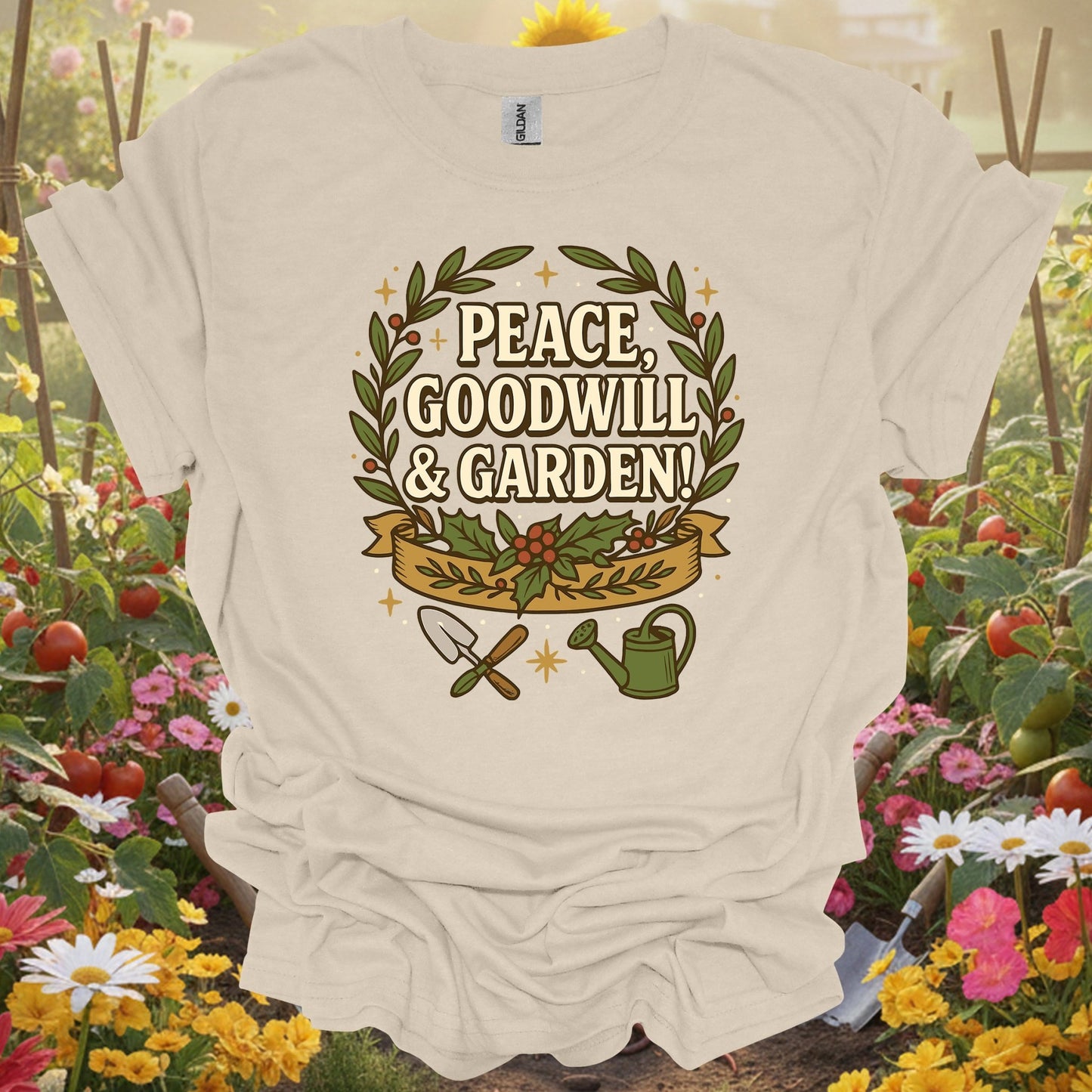 "Peace Goodwill & Garden" Festive Holiday Gardening T-Shirt - GardeningTshirts