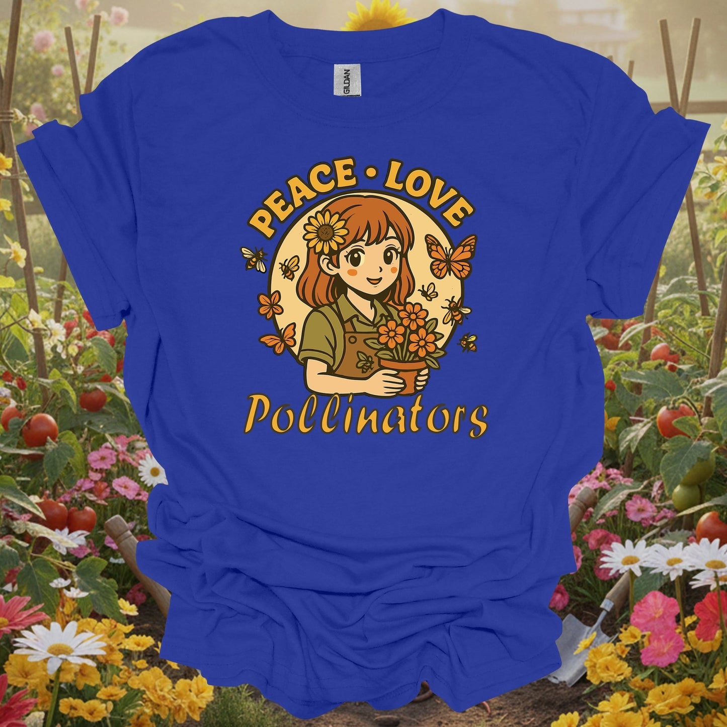 Royal tshirt showing peace love pollinators cute chibi girl for backyard growers
