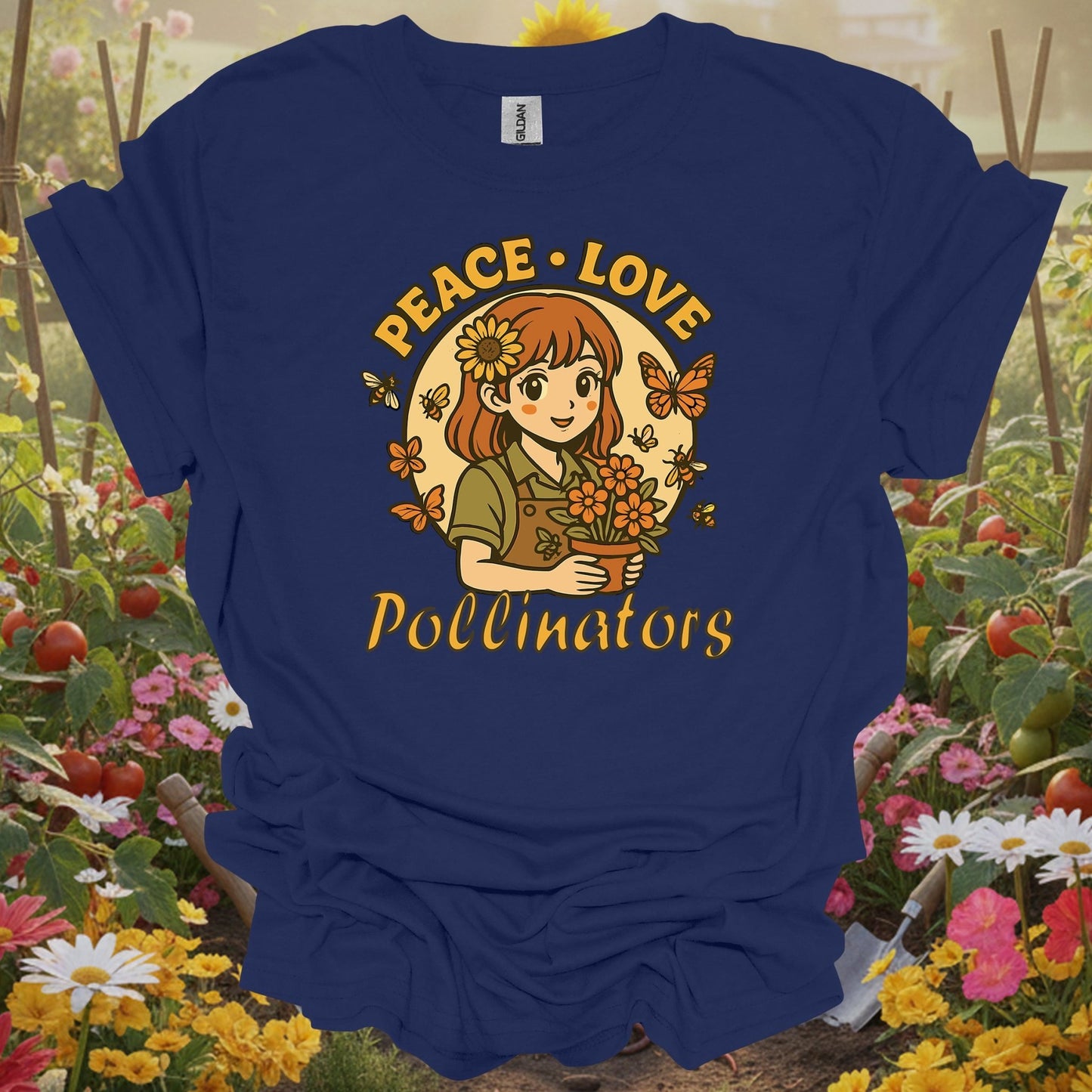 Navy top showing peace love pollinators cute chibi girl for green thumb folks