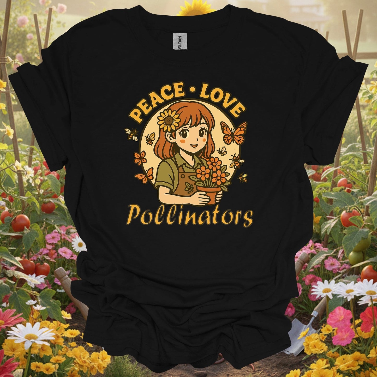 Black top showing peace love pollinators cute chibi girl for nature lovers