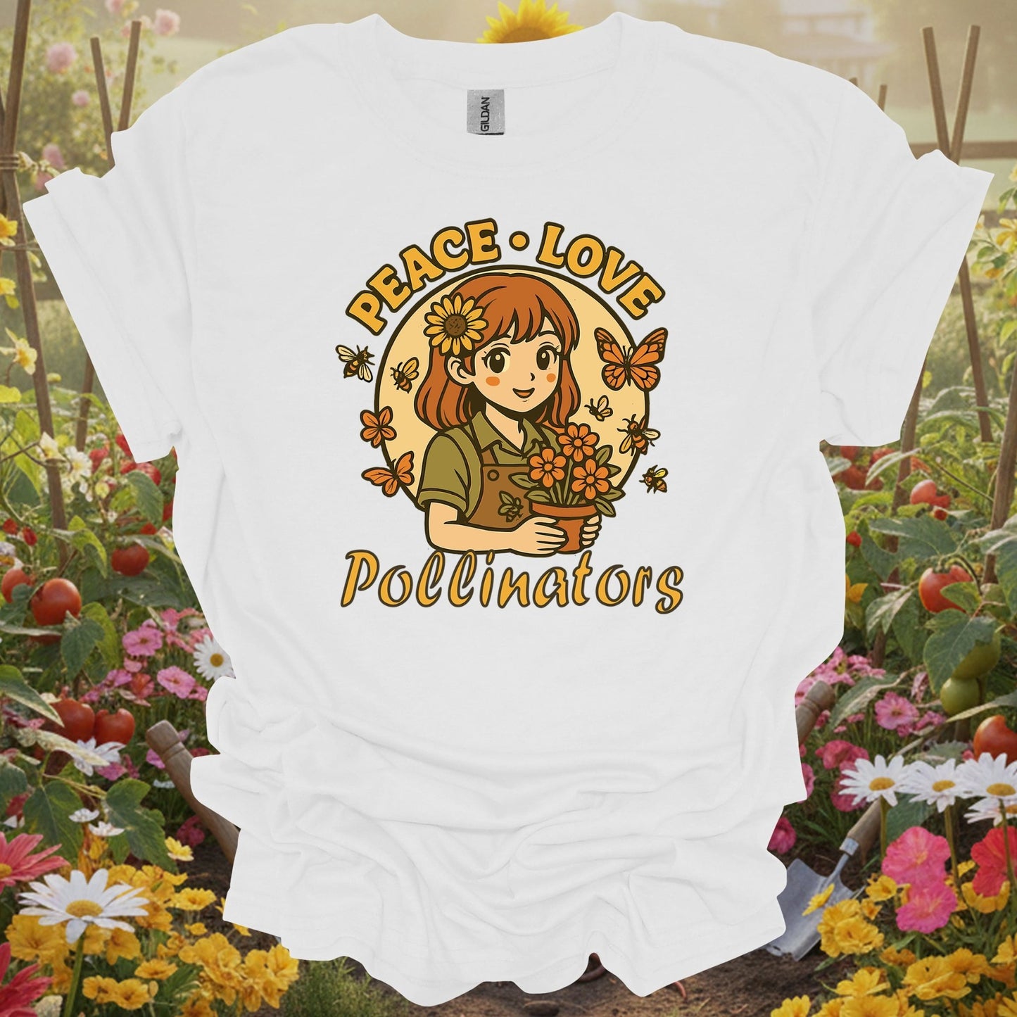 White shirt showing peace love pollinators cute chibi girl for outdoor enthusiasts