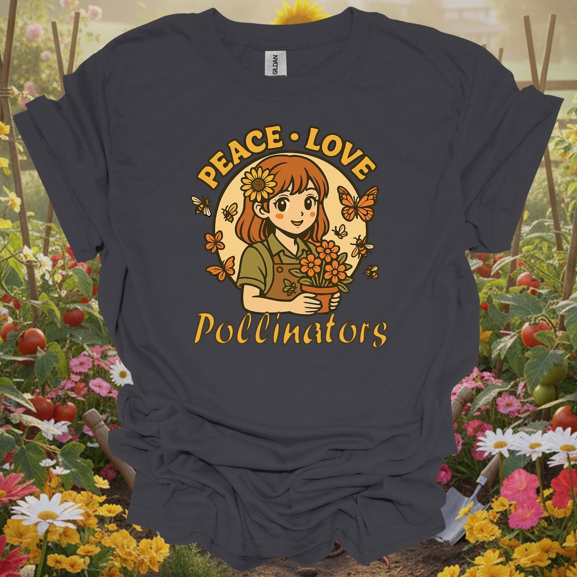 Charcoal tee showing peace love pollinators cute chibi girl for plant lovers