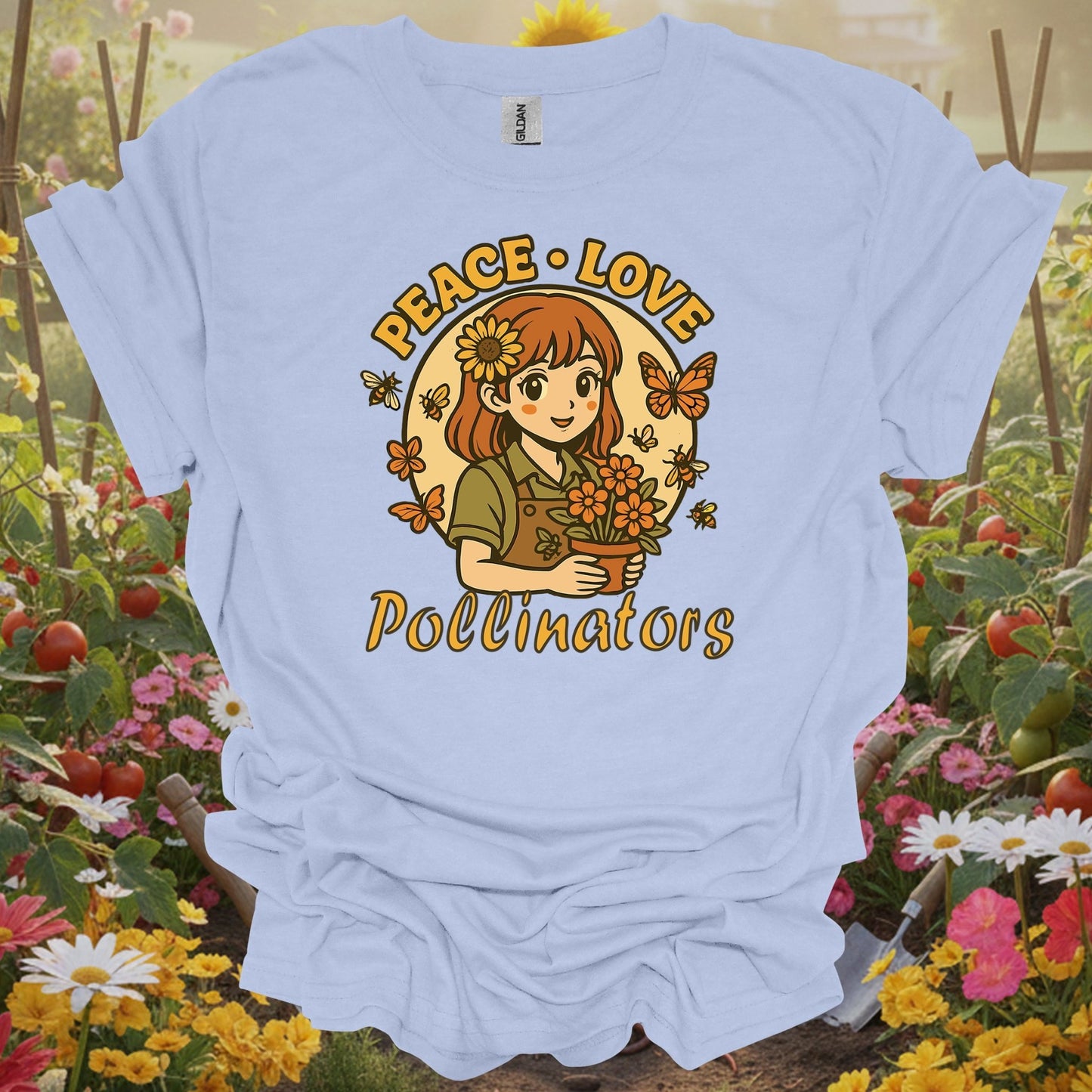 Light Blue shirt showing peace love pollinators cute chibi girl for home gardeners