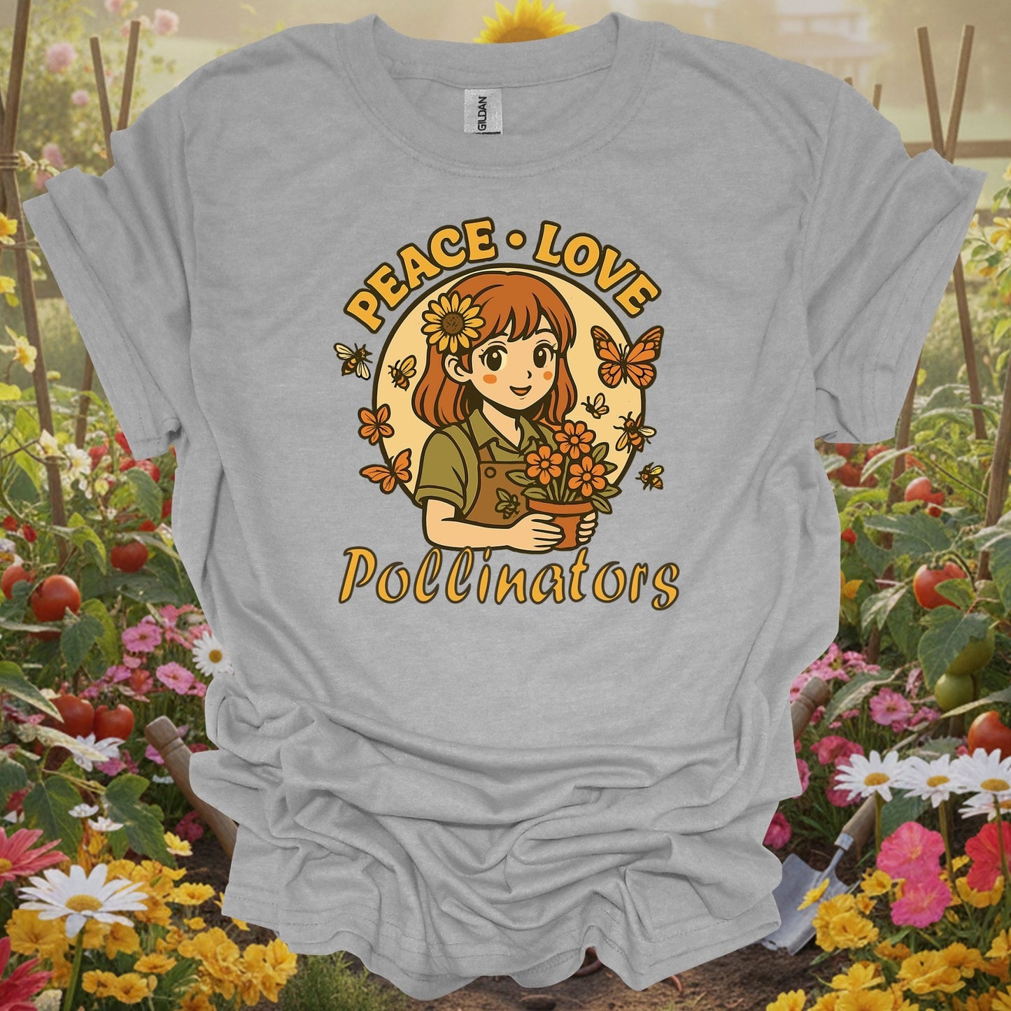 Sport Grey tee showing peace love pollinators cute chibi girl for garden hobbyists
