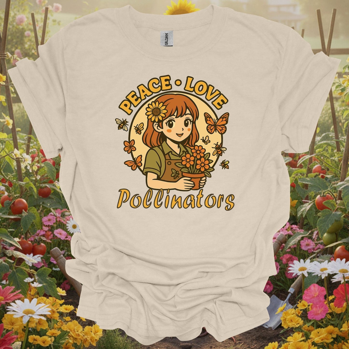 Natural tshirt showing peace love pollinators cute chibi girl for people who love plants