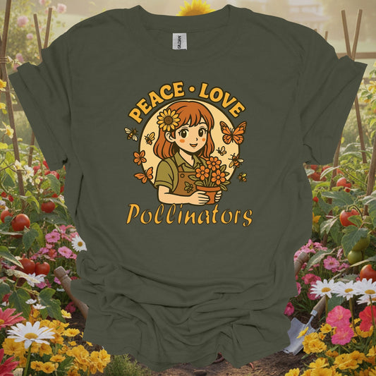 Military Green tshirt showing peace love pollinators cute chibi girl for gardening enthusiasts