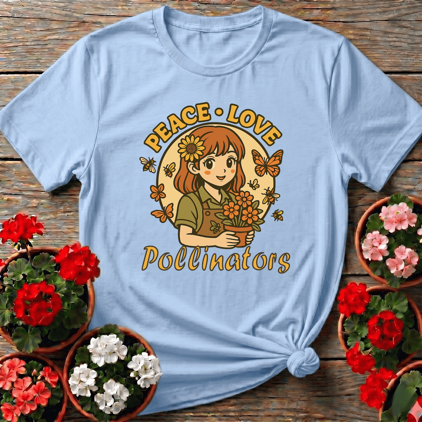 Peace Love Pollinators Cute Chibi Girl T-shirt - GardeningTshirts