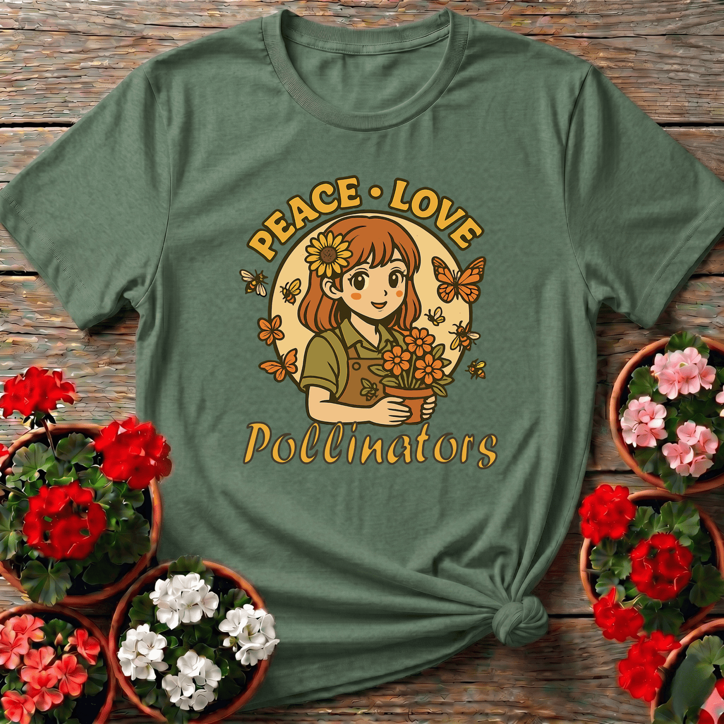 Peace Love Pollinators Cute Chibi Girl T-shirt - GardeningTshirts