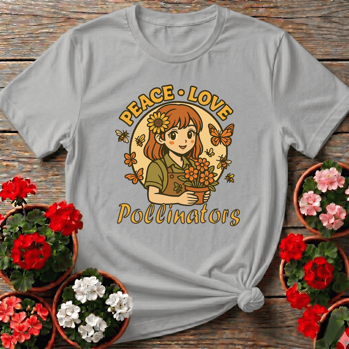 Peace Love Pollinators Cute Chibi Girl T-shirt - GardeningTshirts