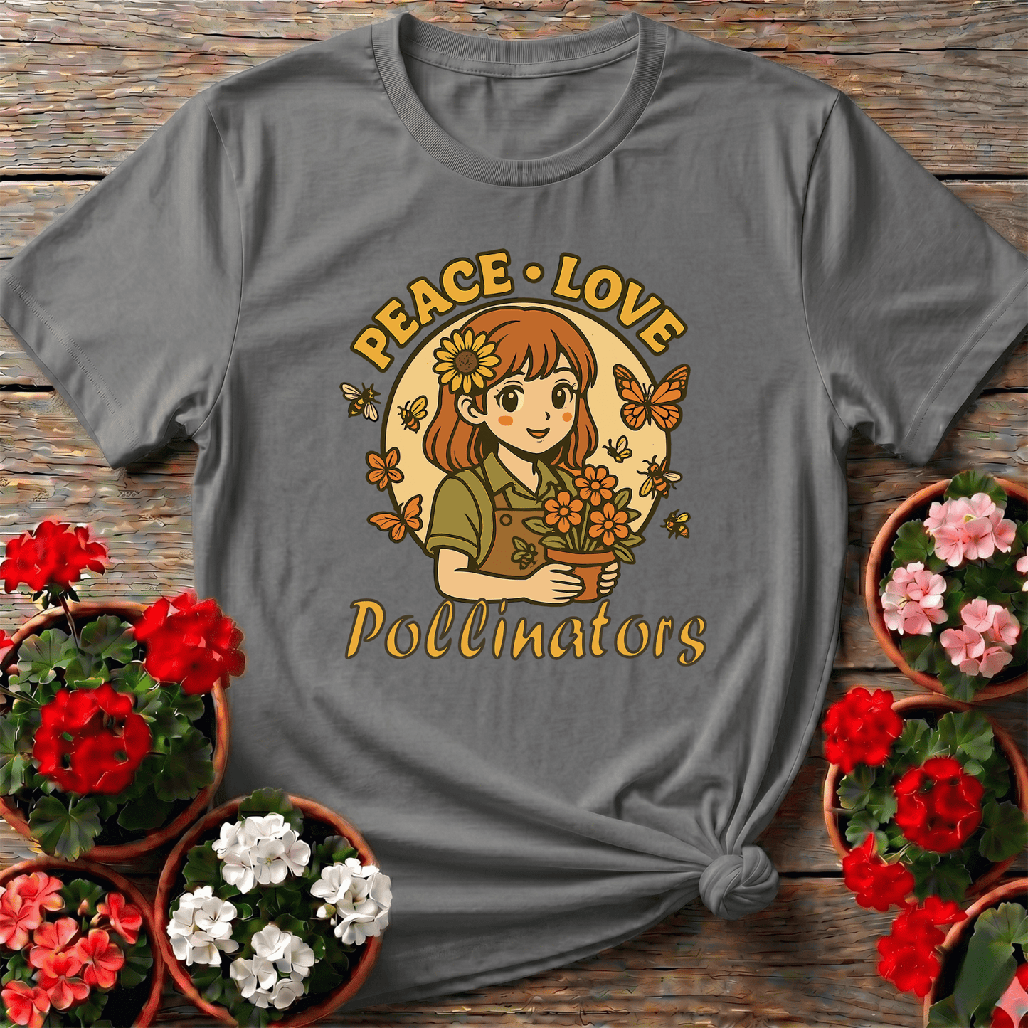 Peace Love Pollinators Cute Chibi Girl T-shirt - GardeningTshirts