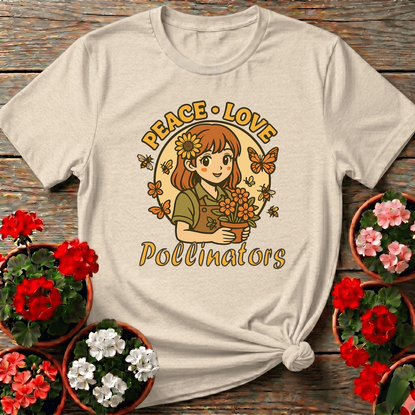 Peace Love Pollinators Cute Chibi Girl T-shirt - GardeningTshirts