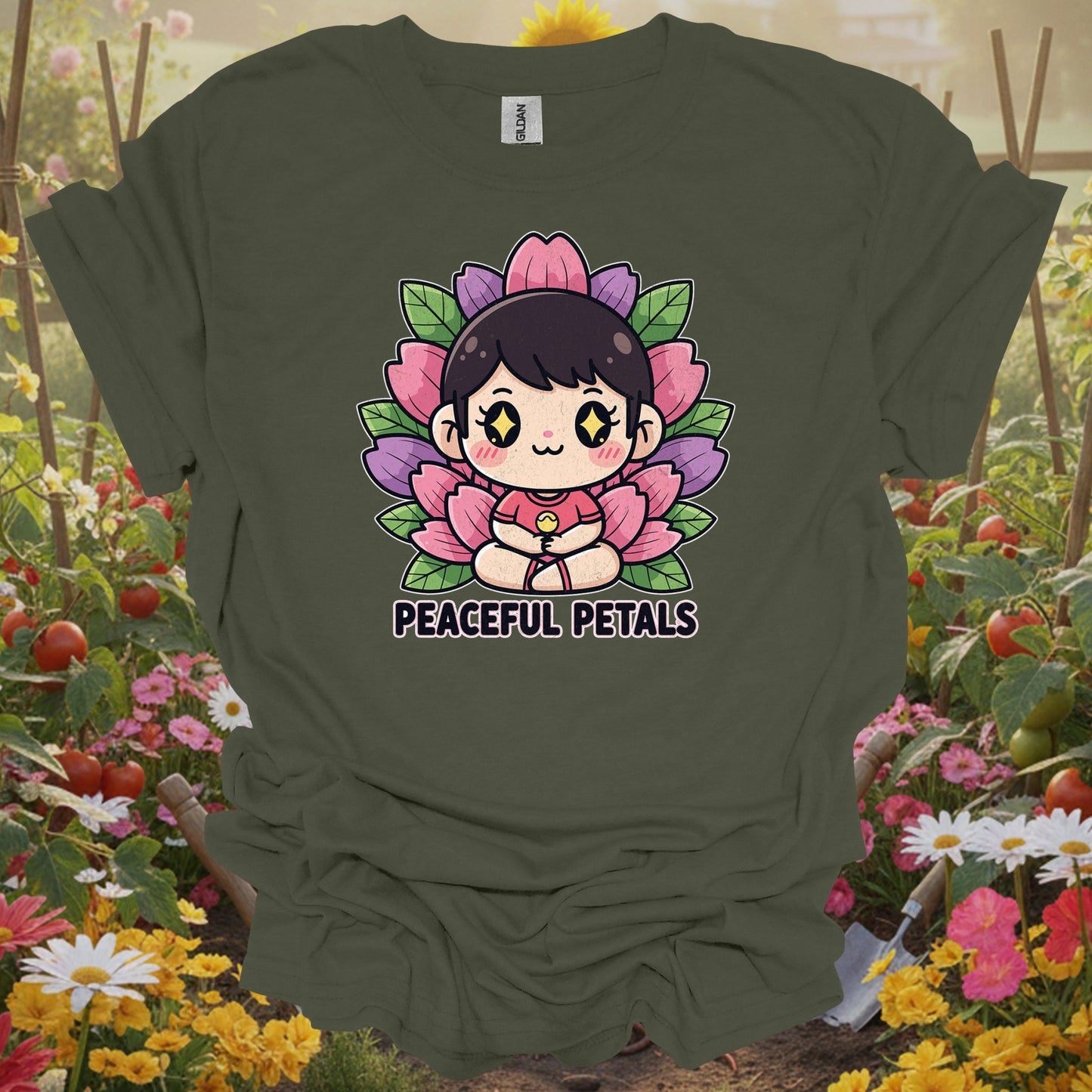 Military Green top showing peaceful petals cute chibi meditation garden for nature lovers