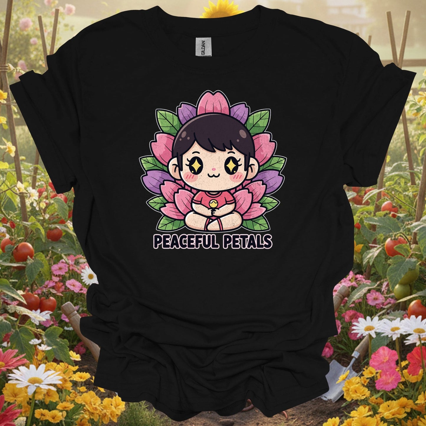 Black shirt showing peaceful petals cute chibi meditation garden for outdoor enthusiasts