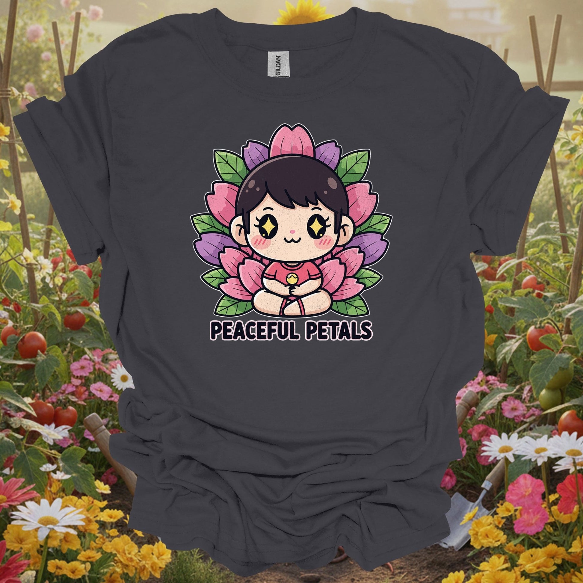 Charcoal tee showing peaceful petals cute chibi meditation garden for plant lovers