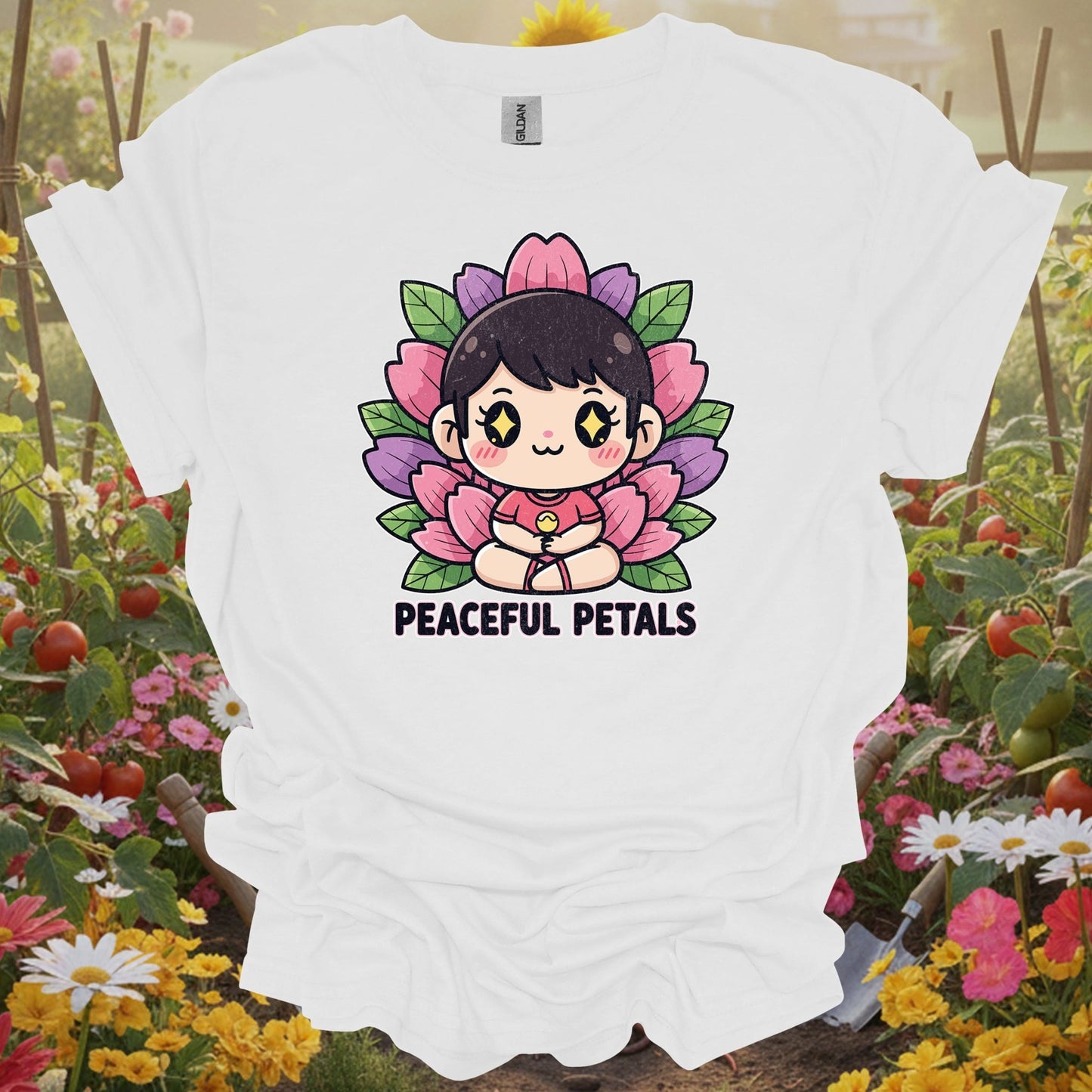 White tee showing peaceful petals cute chibi meditation garden for garden hobbyists