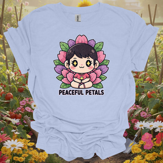Light Blue tshirt showing peaceful petals cute chibi meditation garden for gardening enthusiasts