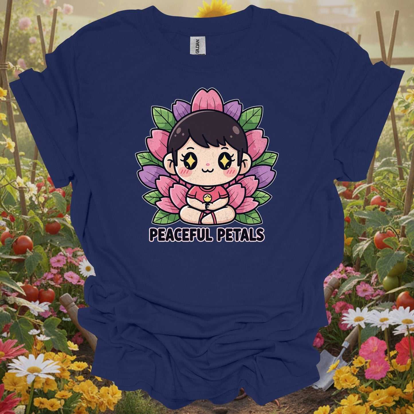 Navy shirt showing peaceful petals cute chibi meditation garden for home gardeners
