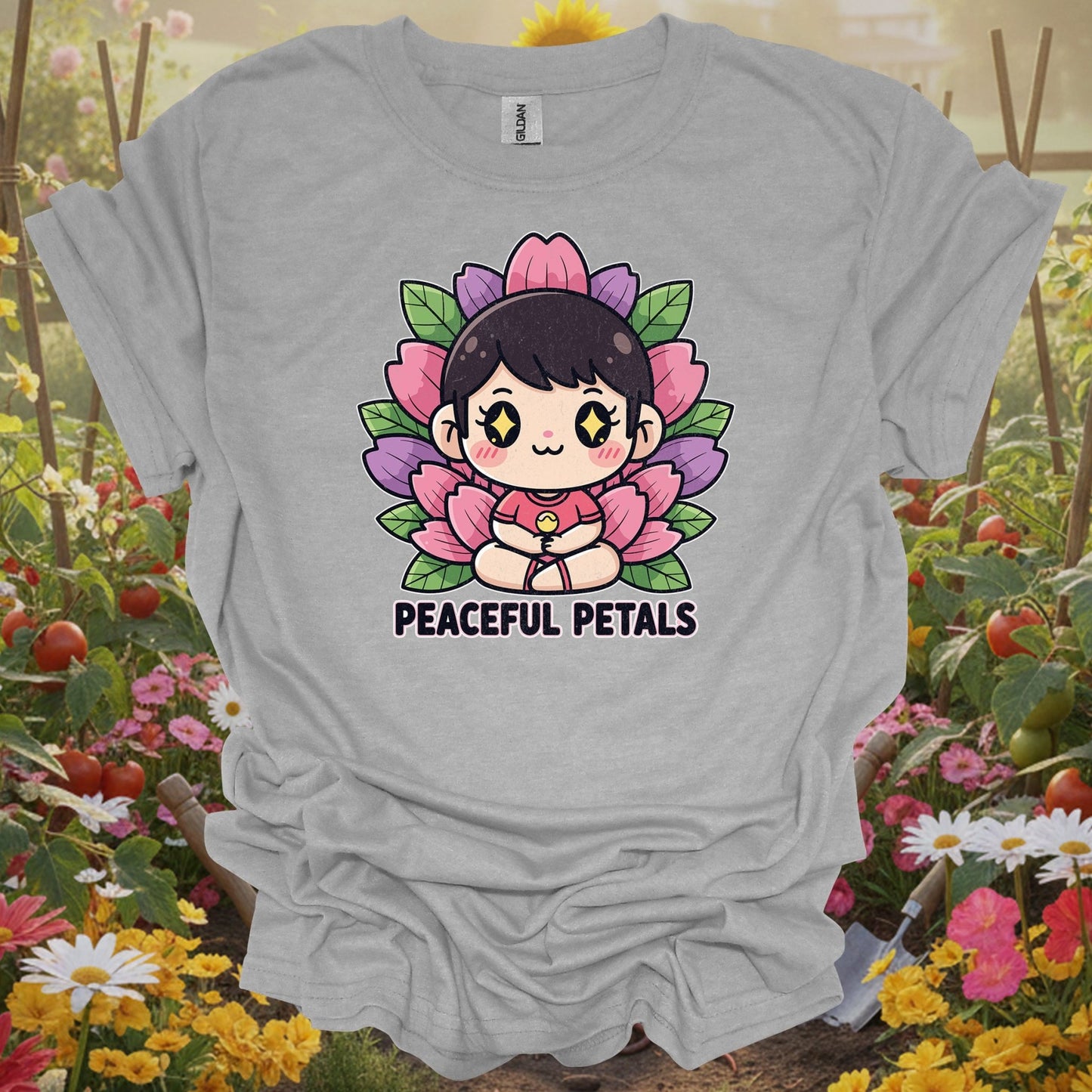 Sport Grey tshirt showing peaceful petals cute chibi meditation garden for backyard growers
