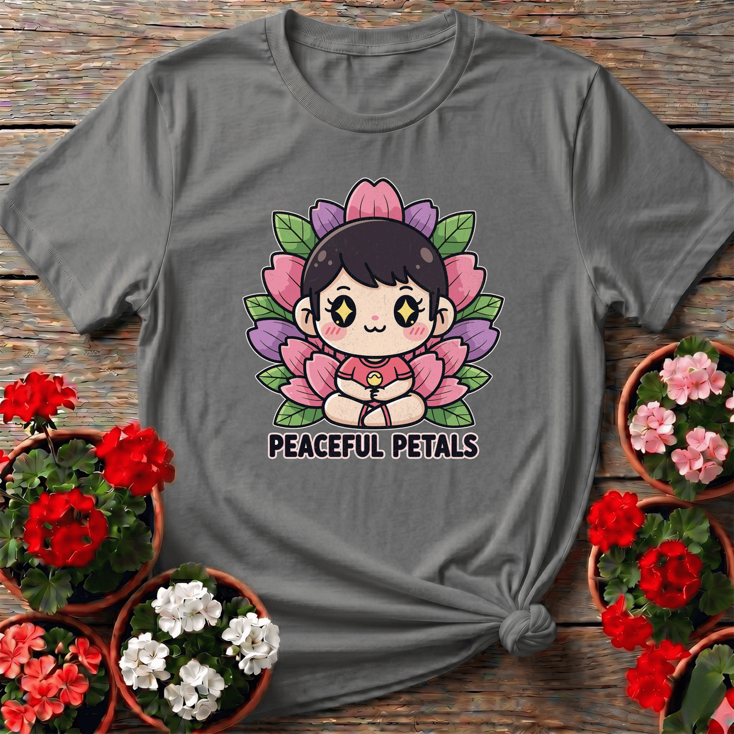 Peaceful Petals Cute Chibi Meditation Garden Tee - GardeningTshirts