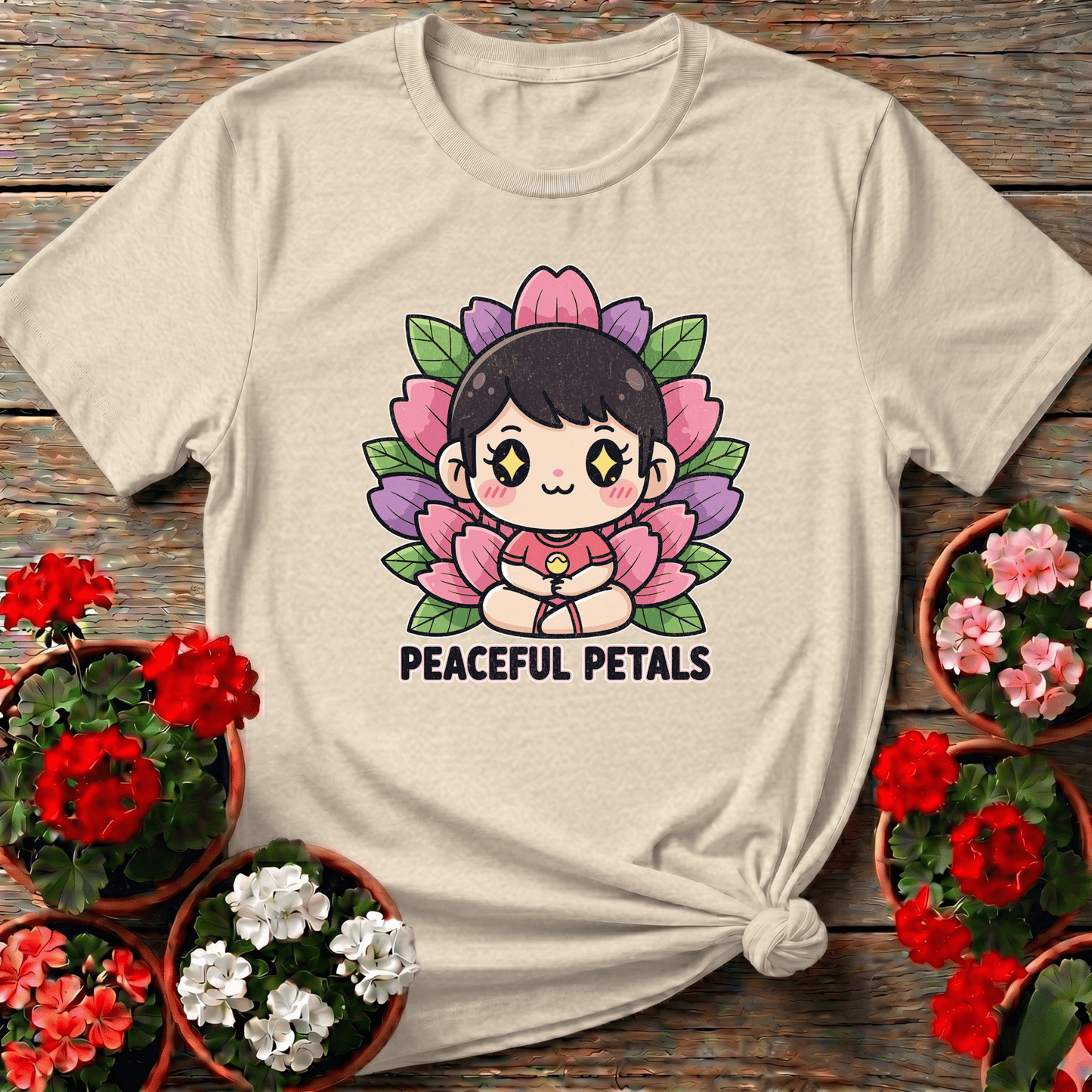 Peaceful Petals Cute Chibi Meditation Garden Tee - GardeningTshirts