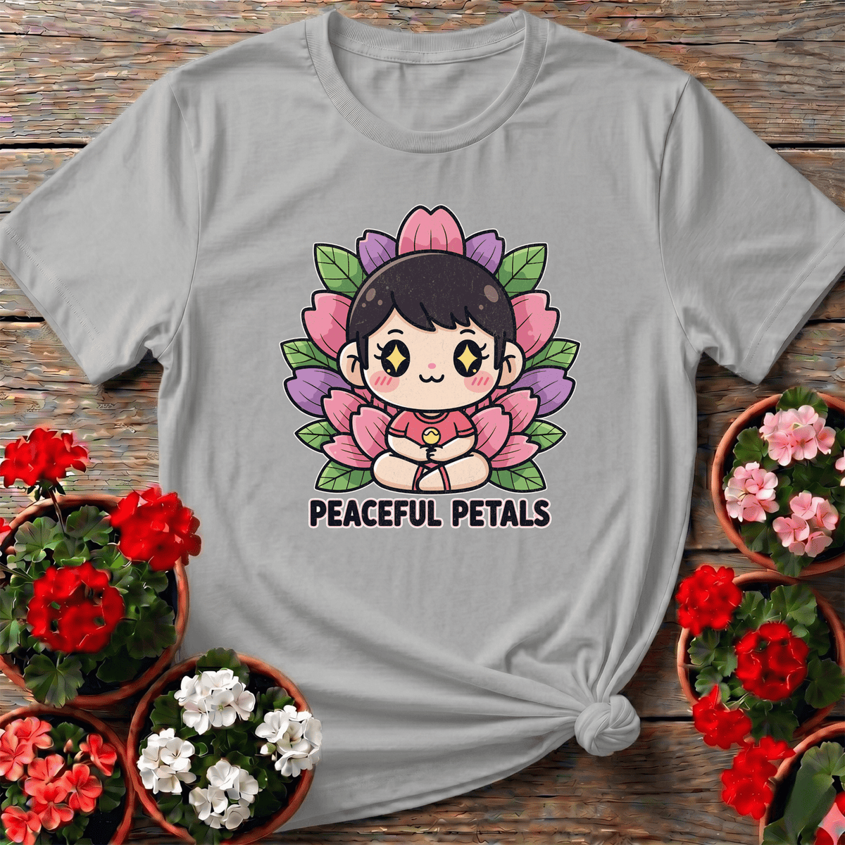 Peaceful Petals Cute Chibi Meditation Garden Tee - GardeningTshirts