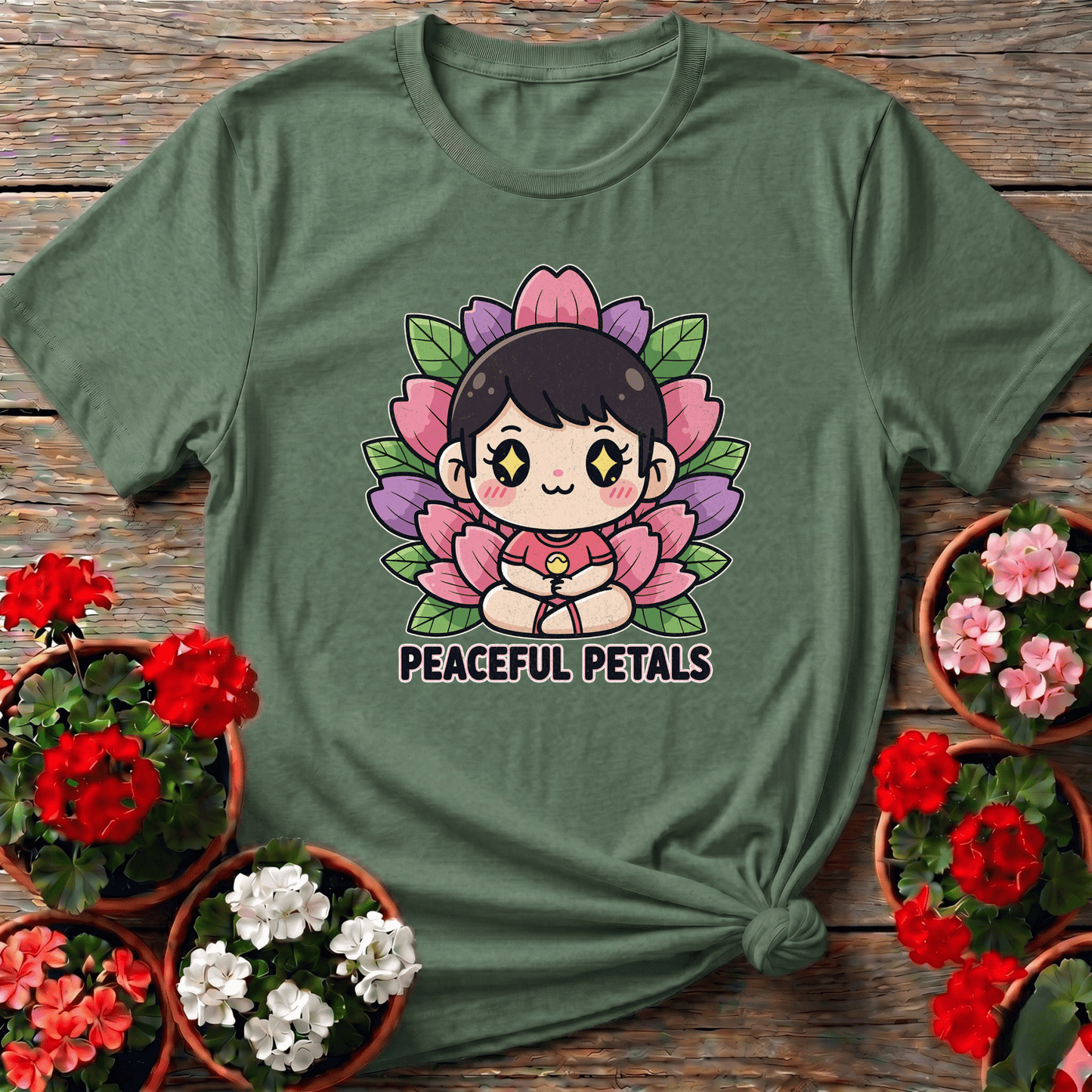Peaceful Petals Cute Chibi Meditation Garden Tee - GardeningTshirts