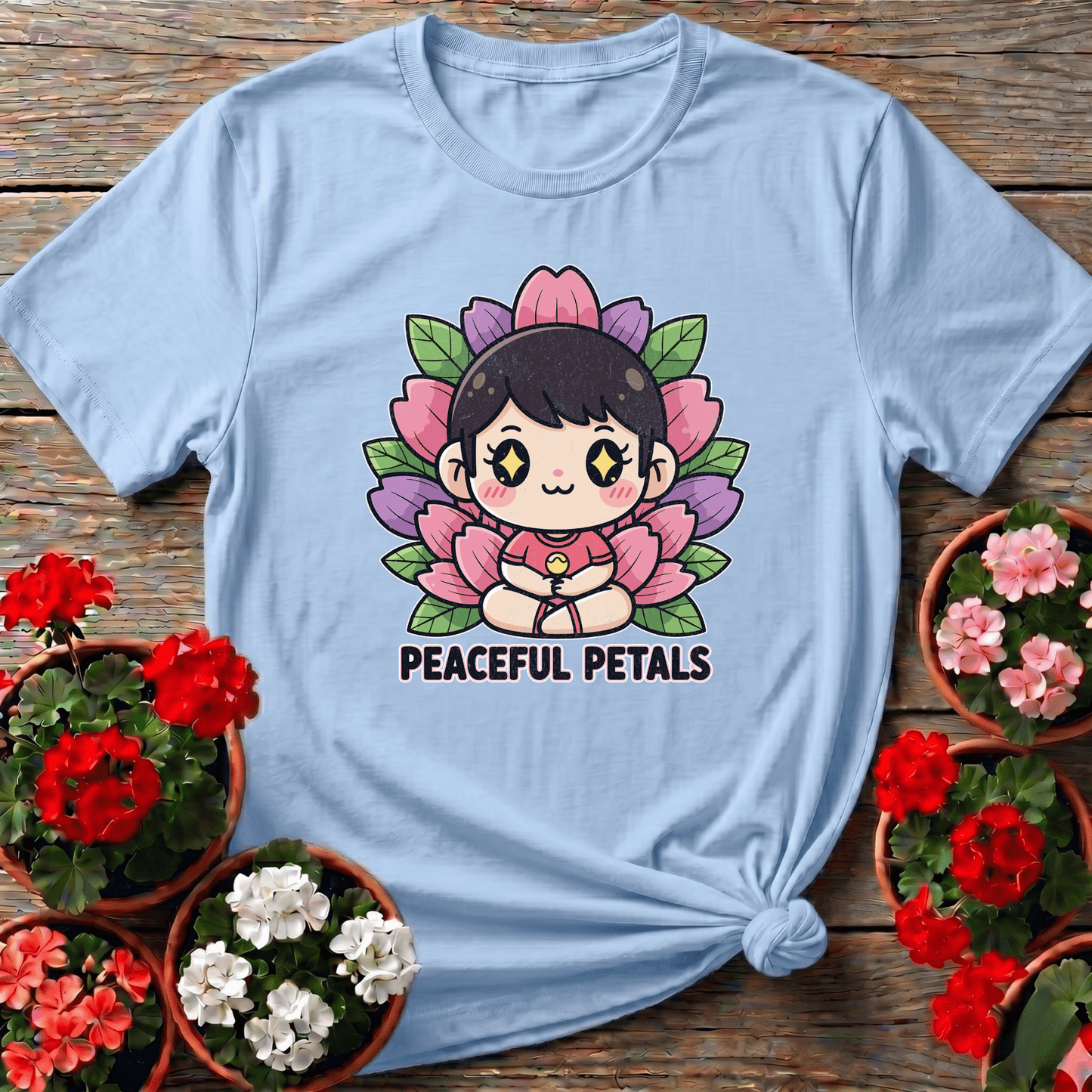 Peaceful Petals Cute Chibi Meditation Garden Tee - GardeningTshirts