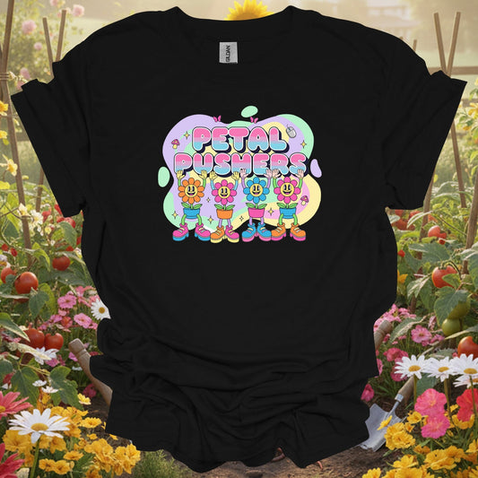 Black t-shirt with a vibrant flower power theme that fits a modern slow-living garden aesthetic and groovy lifestyle.