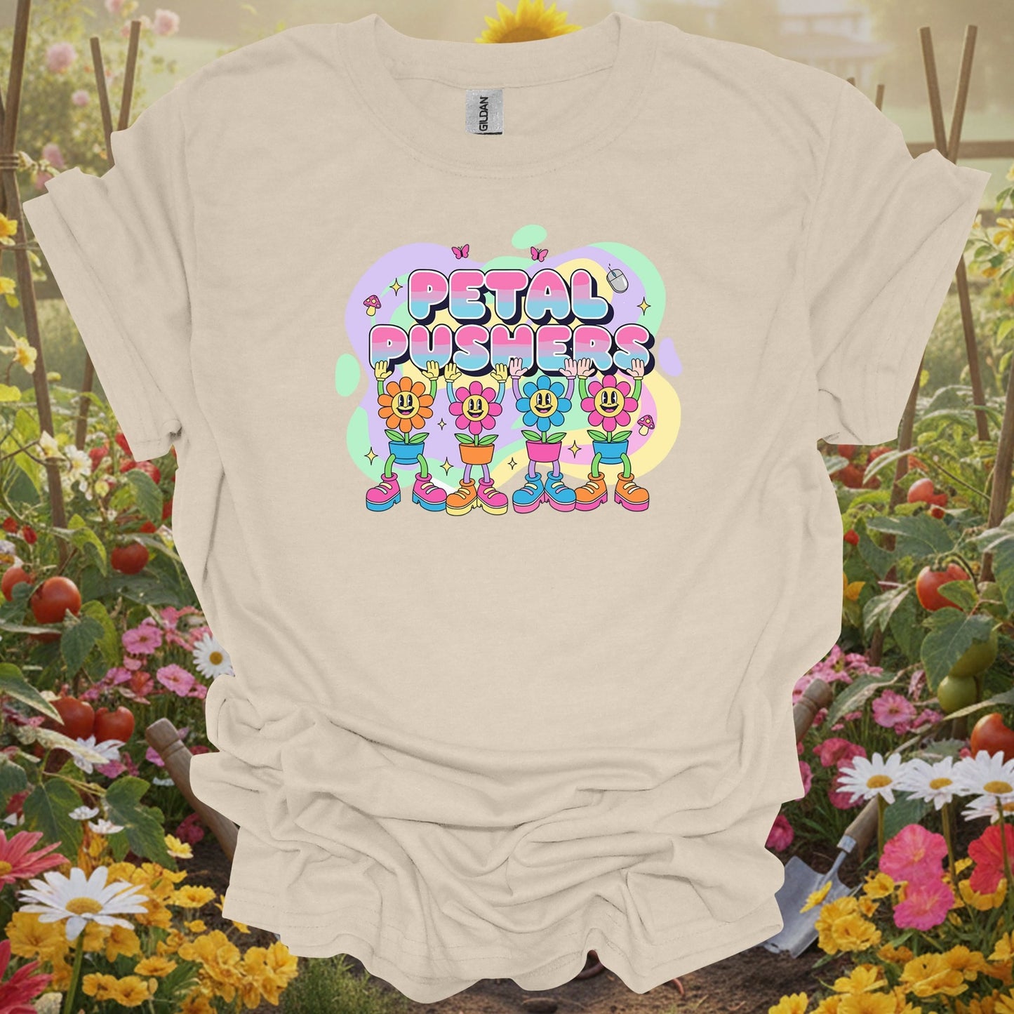 Petal Pushers Vintage Y2K Pastel Aesthetic Dancing Flowers Graphic Tee - GardeningTshirts