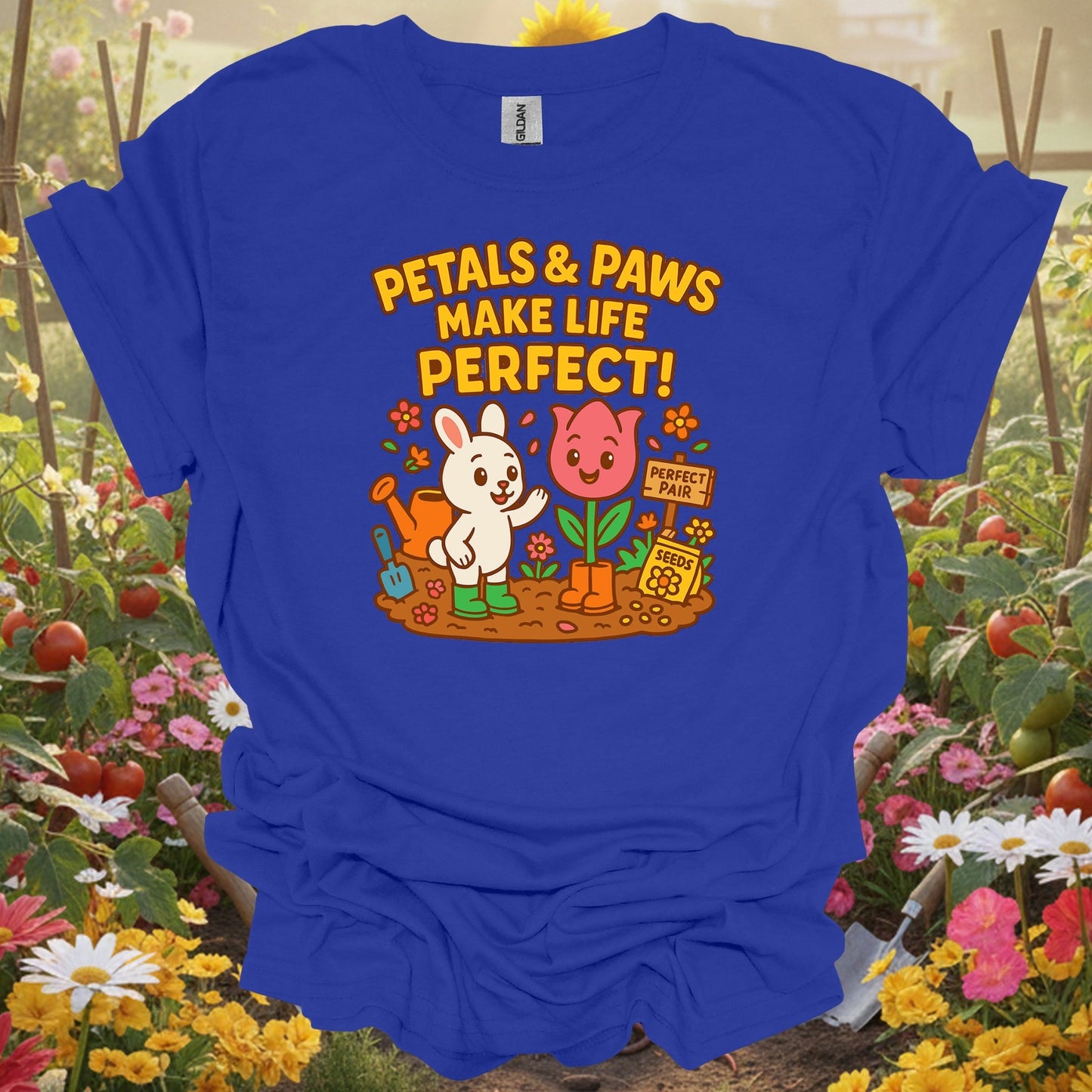 Royal tshirt showing petals & paws make life perfect cute for backyard growers