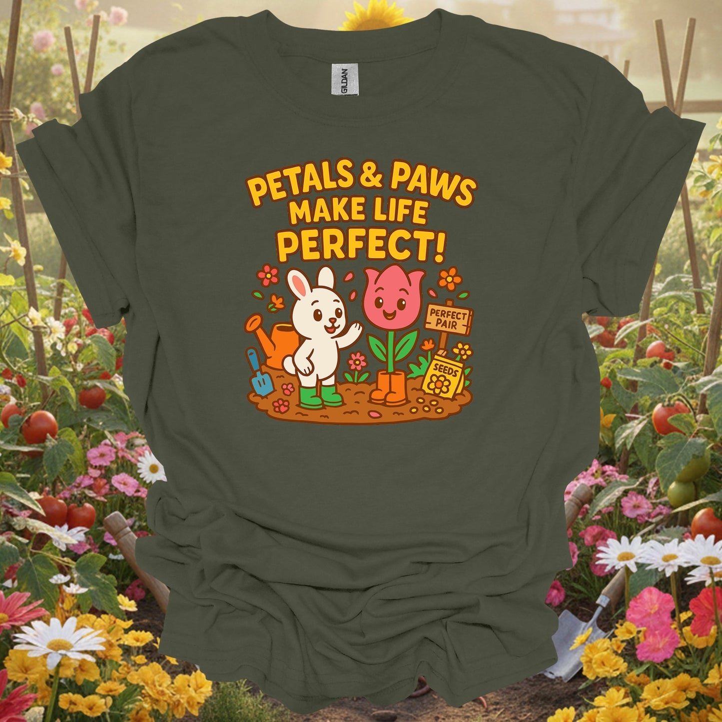 Military Green top showing petals & paws make life perfect cute for nature lovers