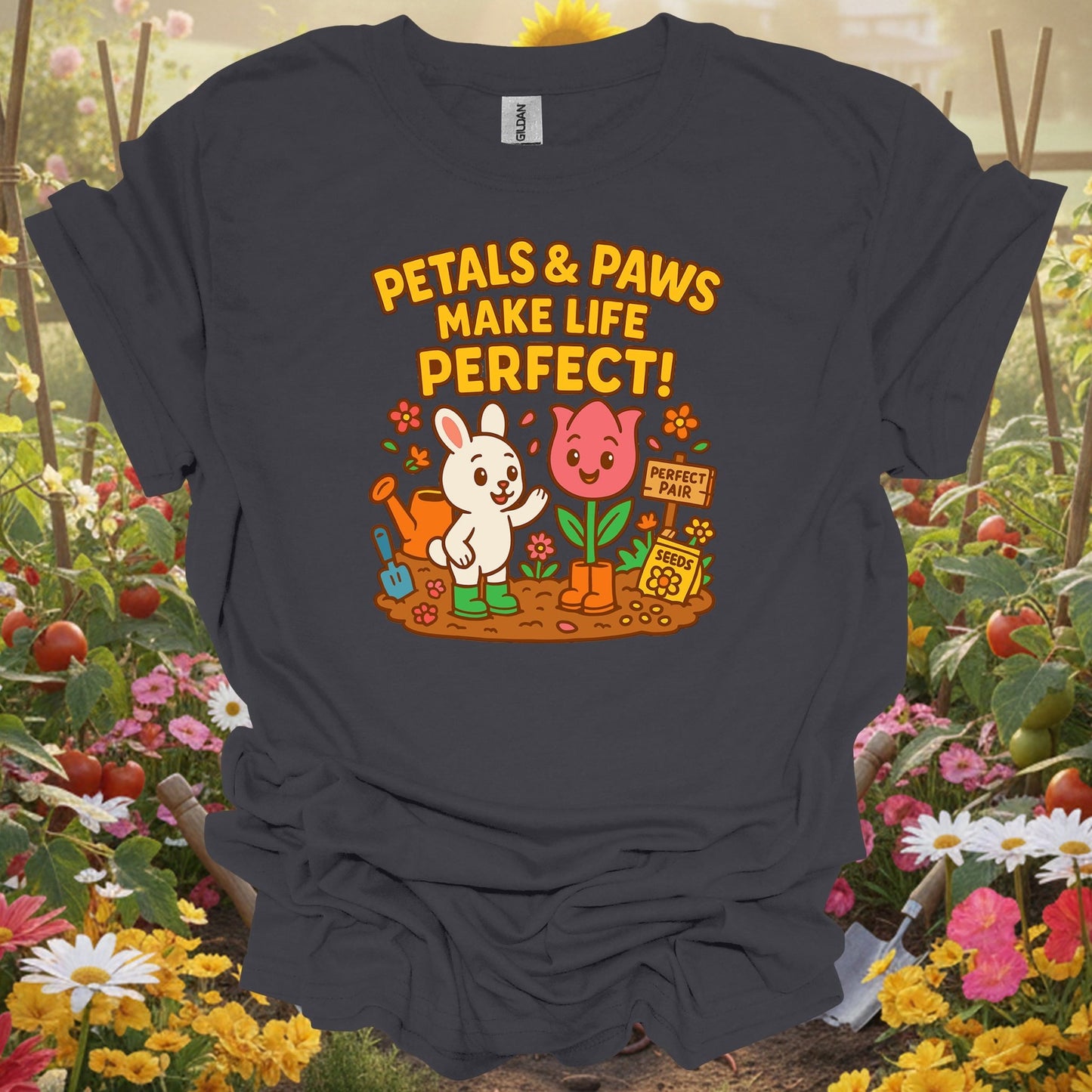 Charcoal tee showing petals & paws make life perfect cute for plant lovers