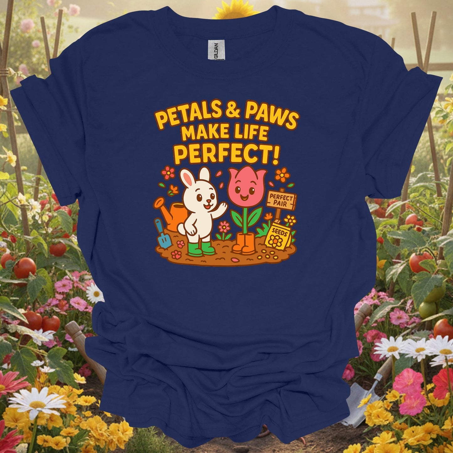Navy top showing petals & paws make life perfect cute for green thumb folks