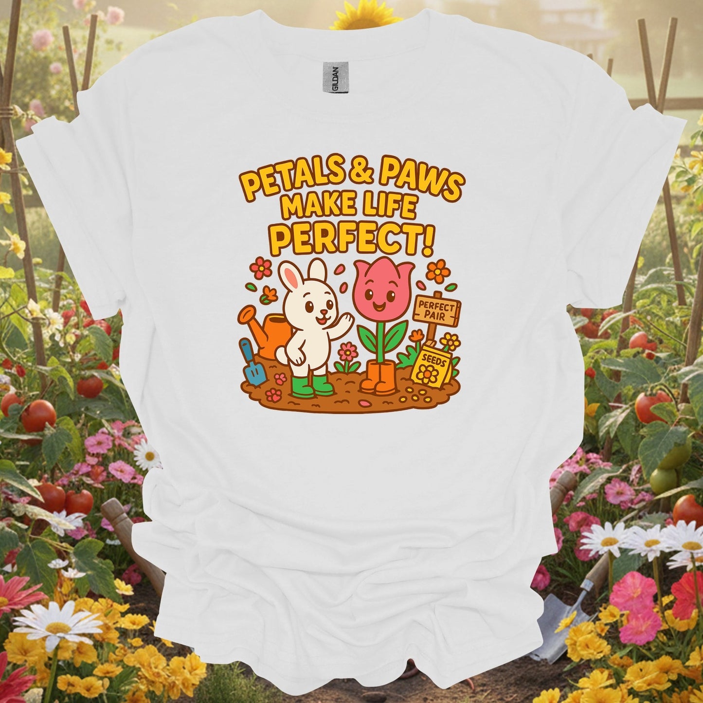 White tee showing petals & paws make life perfect cute for garden hobbyists