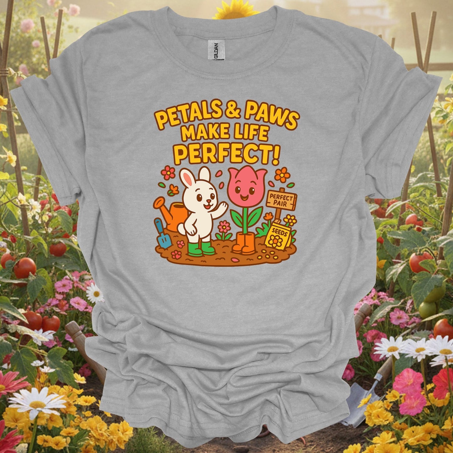 Sport Grey tshirt showing petals & paws make life perfect cute for gardening enthusiasts