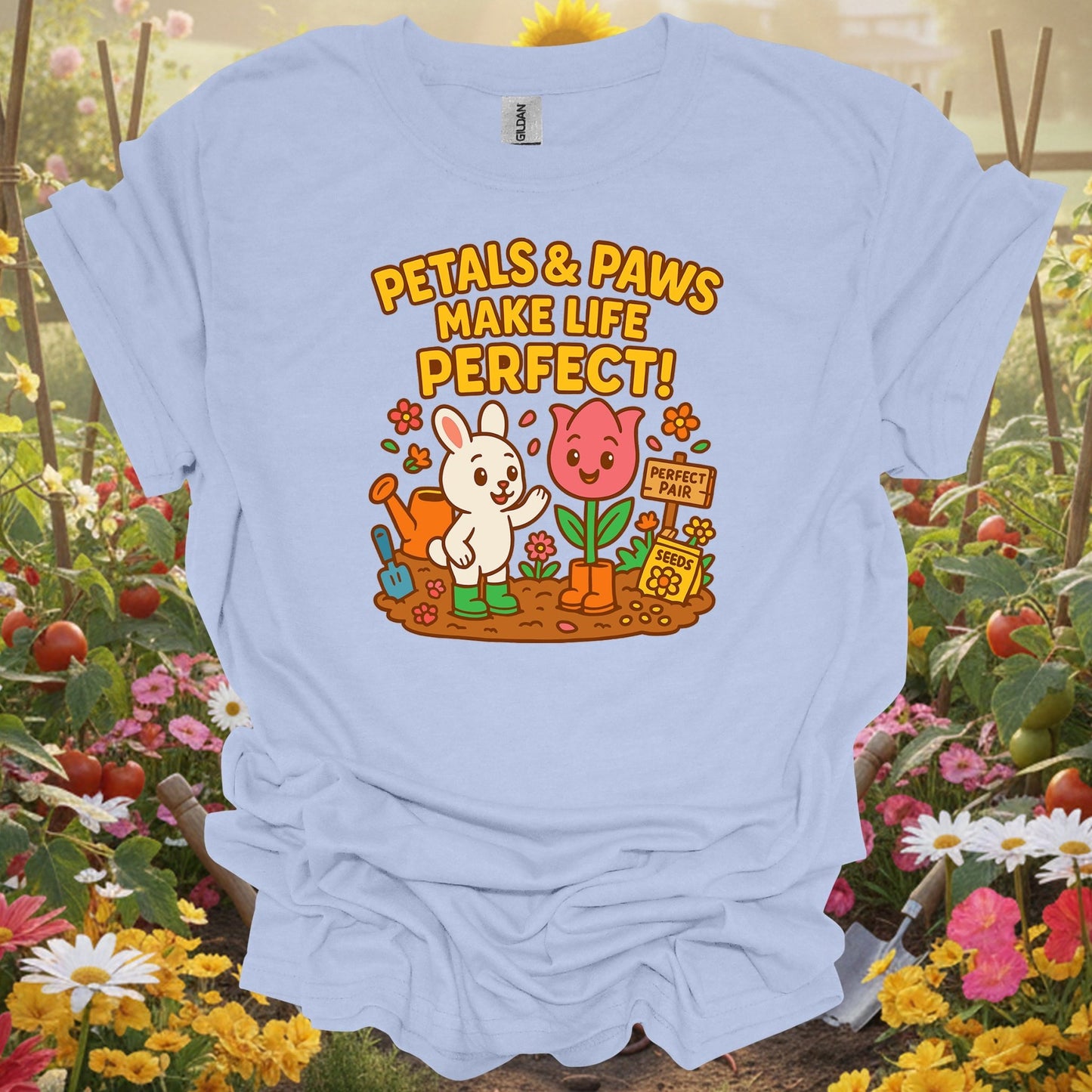 Light Blue shirt showing petals & paws make life perfect cute for home gardeners