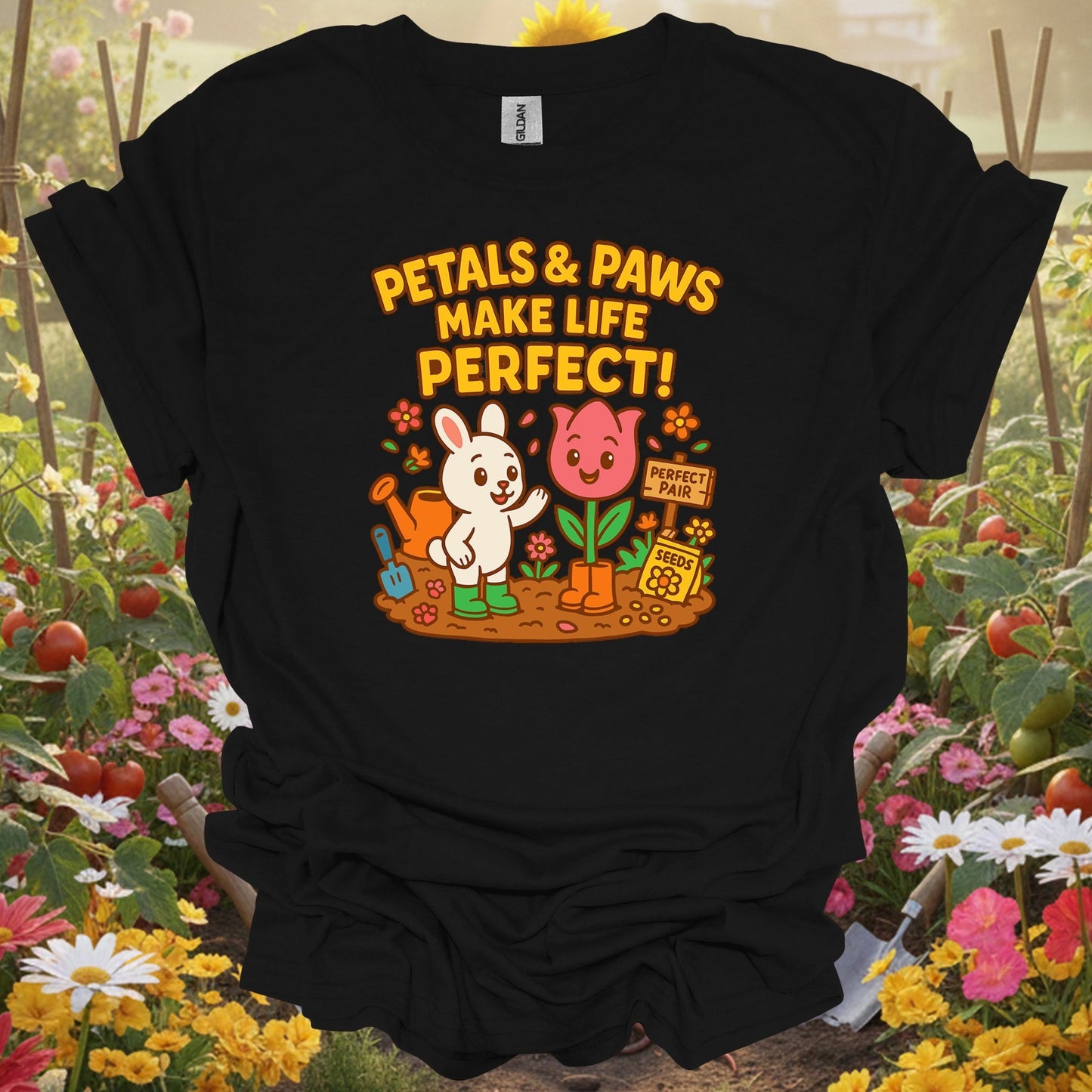 Black shirt showing petals & paws make life perfect cute for outdoor enthusiasts