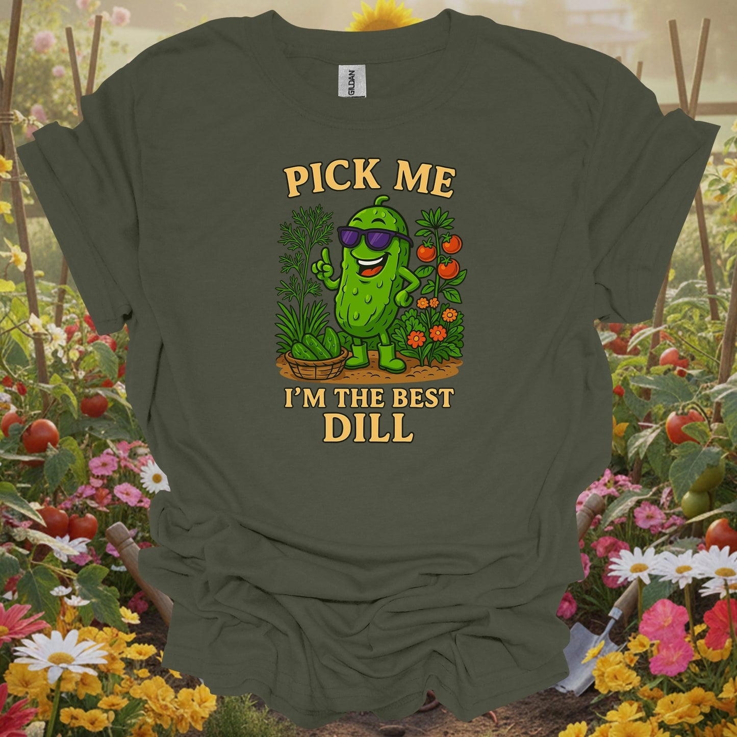 Military Green top showing pick me im the best dill funny pickle for nature lovers