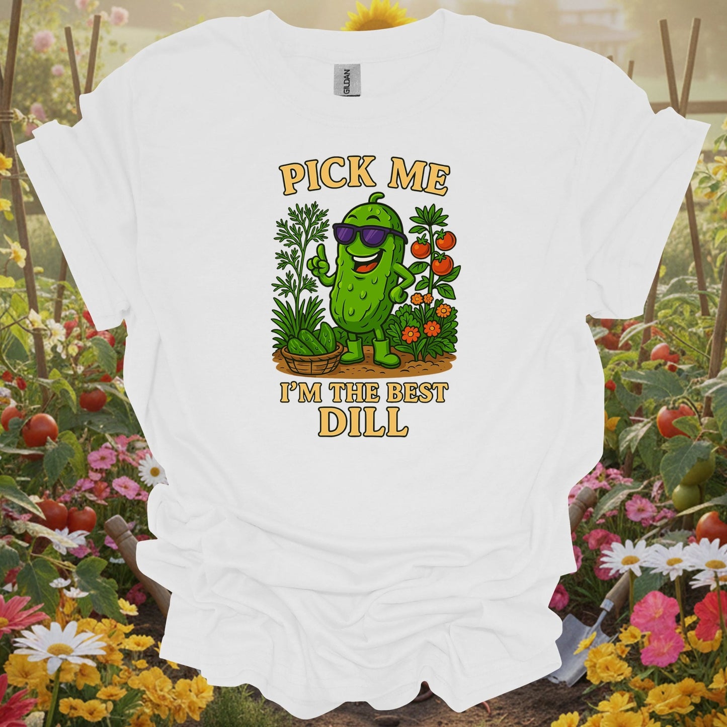 White tee showing pick me im the best dill funny pickle for garden hobbyists
