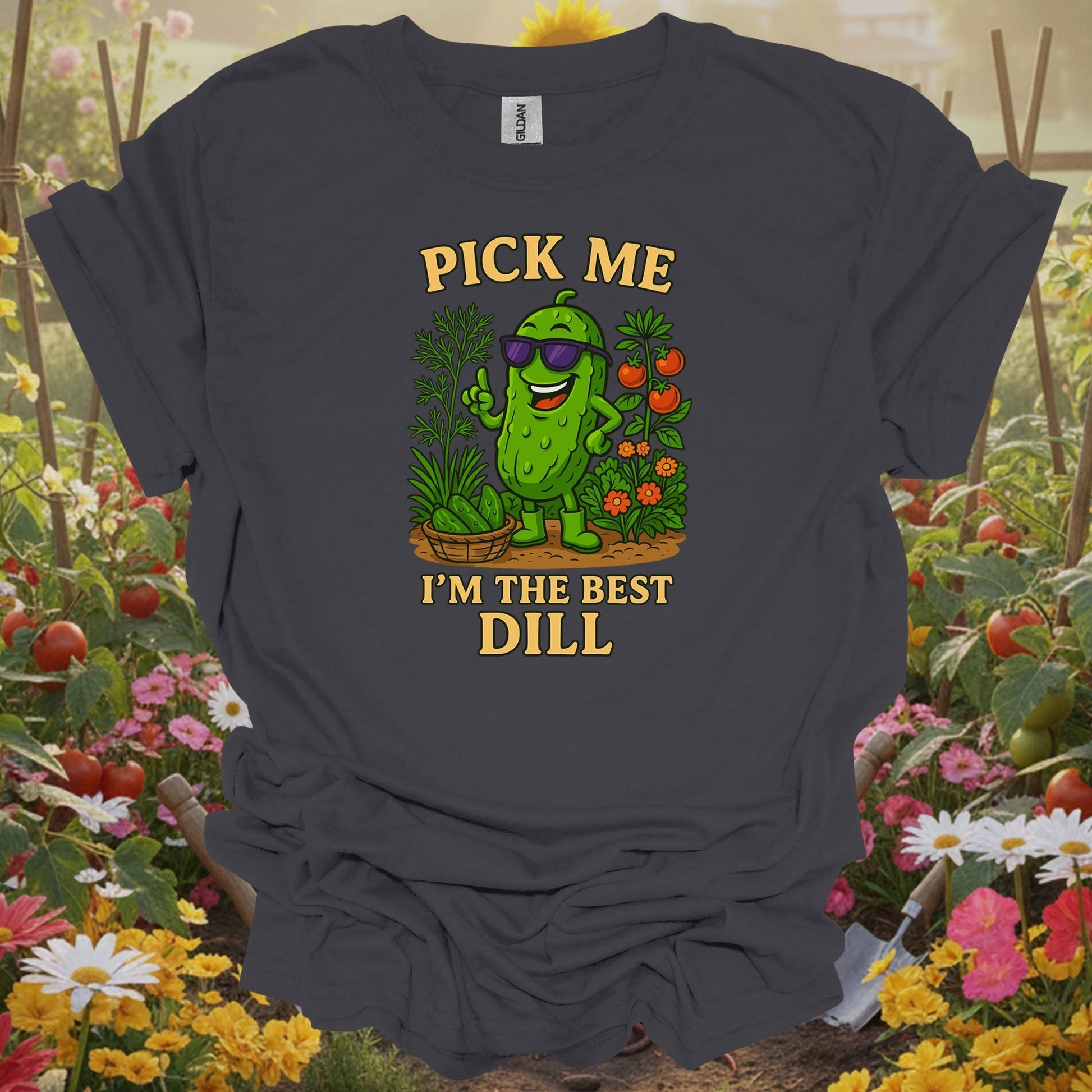 Charcoal tee showing pick me im the best dill funny pickle for plant lovers