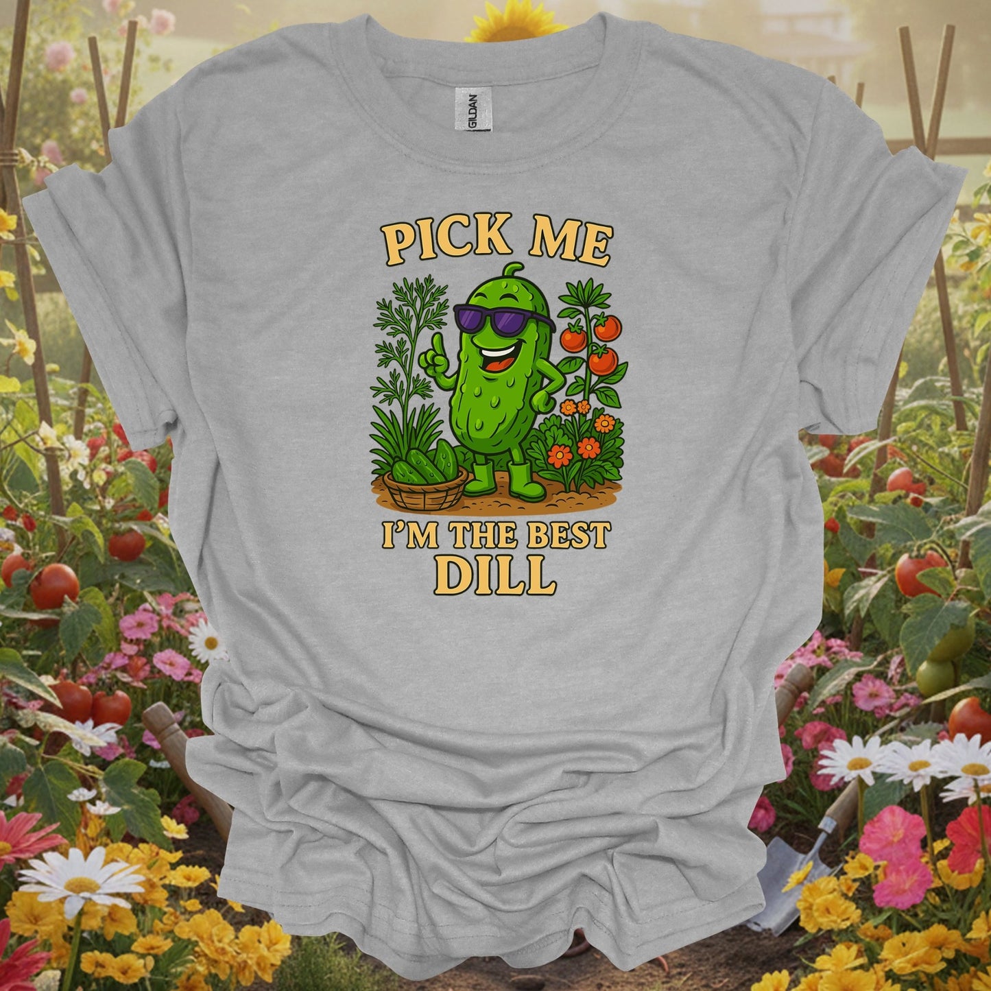 Sport Grey tshirt showing pick me im the best dill funny pickle for backyard growers