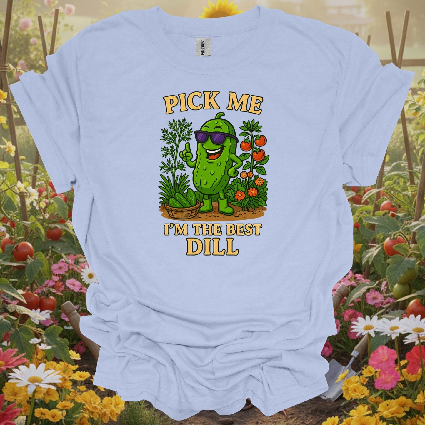 Light Blue shirt showing pick me im the best dill funny pickle for home gardeners