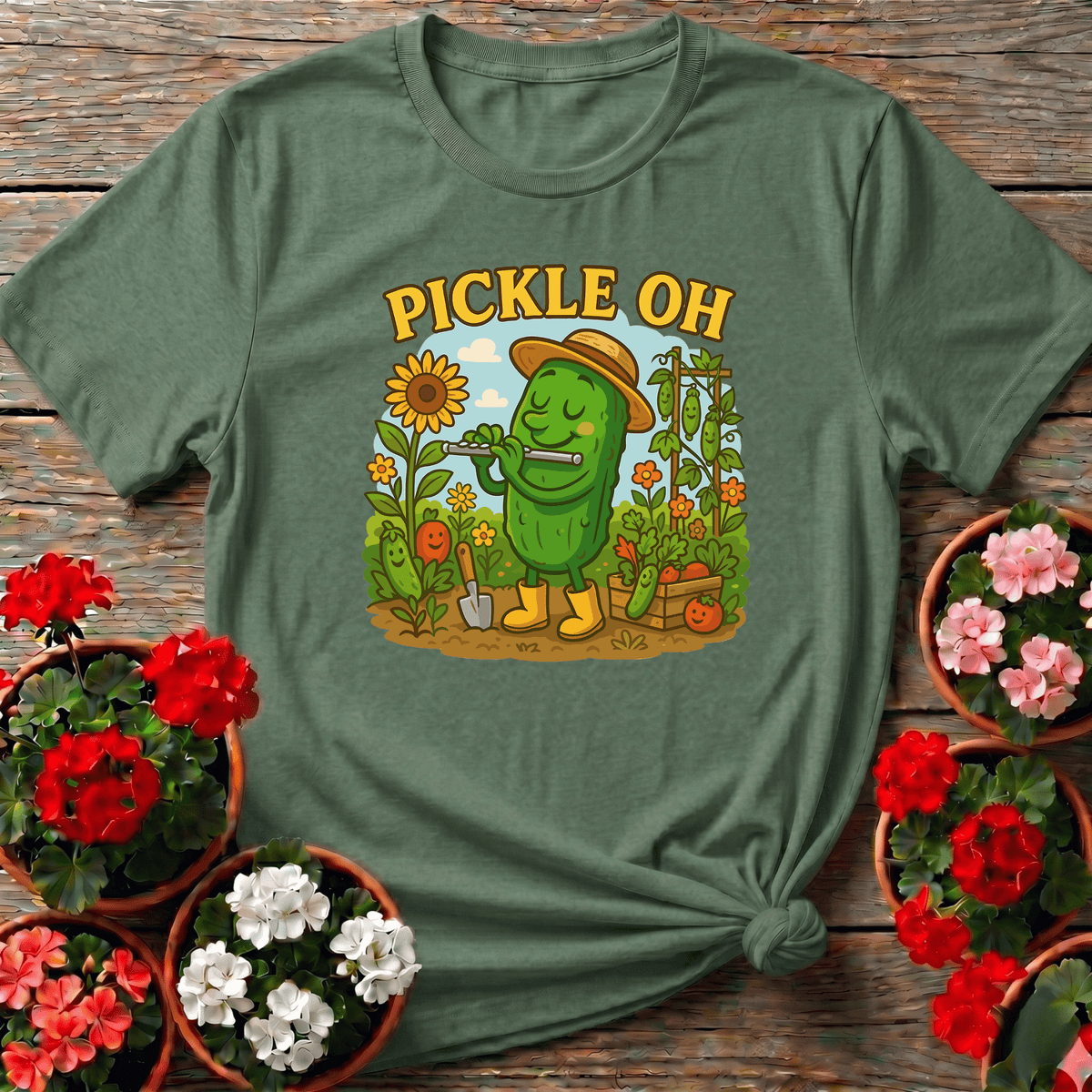 Military Green earthy cartoon vegetable garden pickle tee "Pickle Oh" for funny gardeners