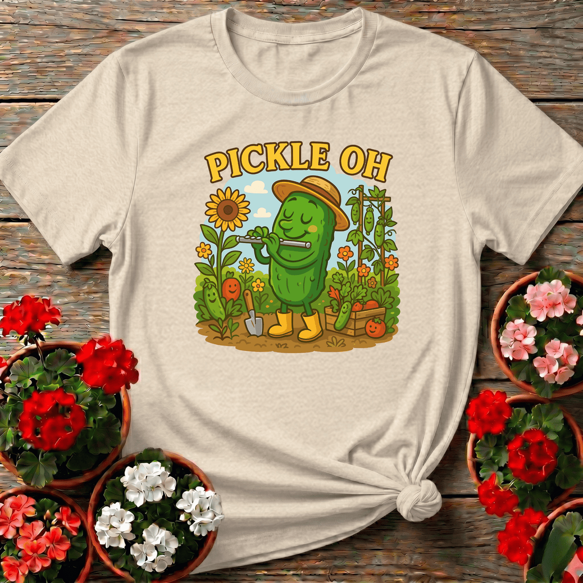 Natural vintage warm-toned pickle character gardening shirt for slow-growth garden lovers