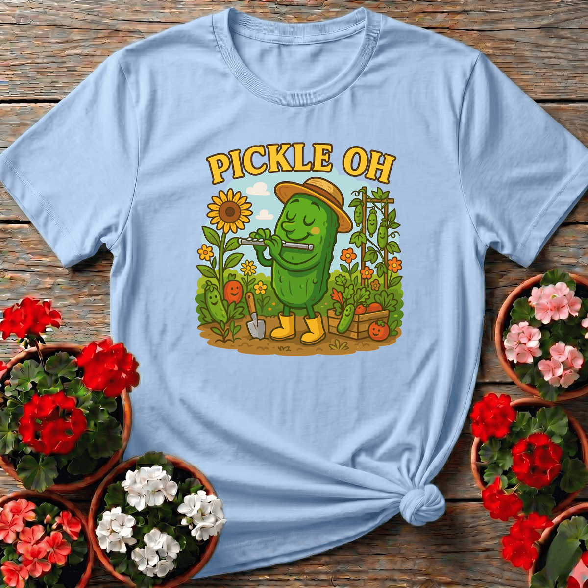 Light Blue soft whimsical pickle flute illustration gardening top for cottagecore garden fans